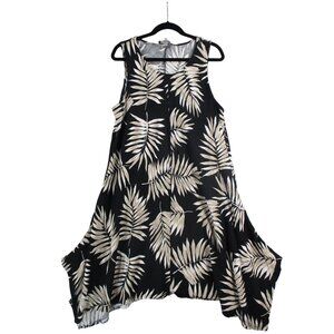 Context by Lord & Taylor Linen Black/Beige Leaf Print Sleeveless Flowy Dress 1X